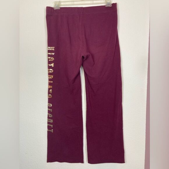 Victorias Secret Burgundy sweat pants w/ metallic sequin brand name & pockets - Picture 2 of 8